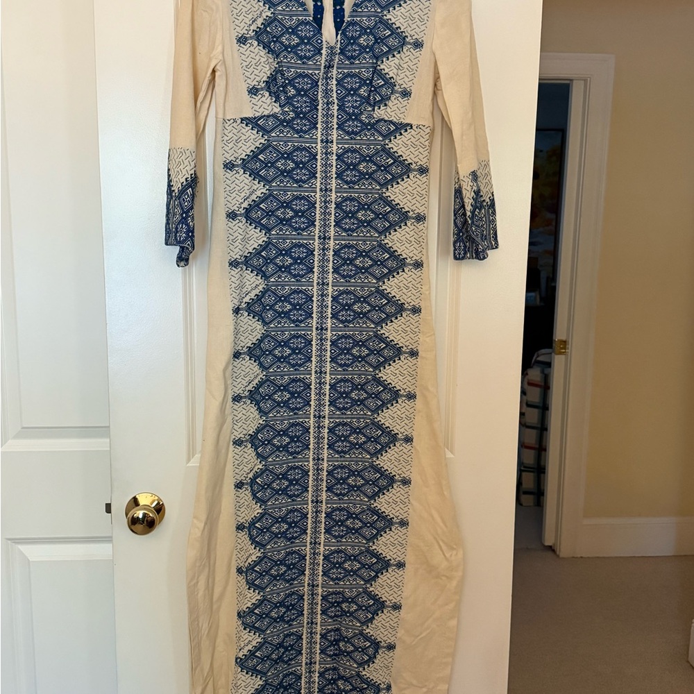 Vintage 1969 Hand embroidered Elegant Blue and Cream Dress. Made in Greece